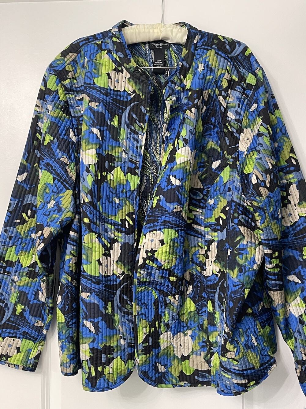 Maggie Barnes Petite 4XWP Quilted Jacket Blue Green Abstract Floral Blazer 30 32